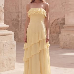 Strapless Ruffled Yellow A Line Maxi Prom Dress