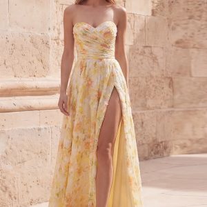 Strapless Printed Ruched Yellow A Line Prom Dress
