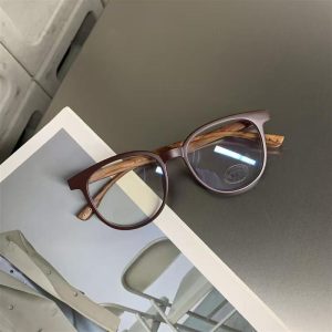 Retro Round Wood Grain Temple Eyeglasses, Vintage Oval Anti Blue Light Glasses for Daily Use