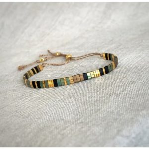 Boho Tila Tile Beaded Bracelet, Adjustable Stripe Glass Bead Woven Bracelet for Women Daily Decor