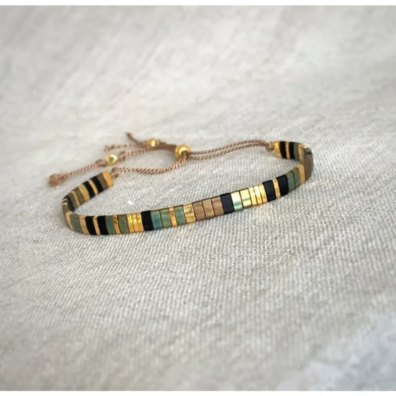 Boho Tila Tile Beaded Bracelet, Adjustable Stripe Glass Bead Woven Bracelet for Women Daily Decor