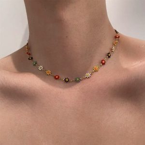 Colorful Enamel Daisy Flower Choker Necklace, Gold Chain Dainty Floral Collar Necklace for Women