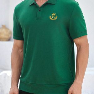 Men's Green Button-Collar Polo Shirt With Golden Embroidery, Casual Everyday